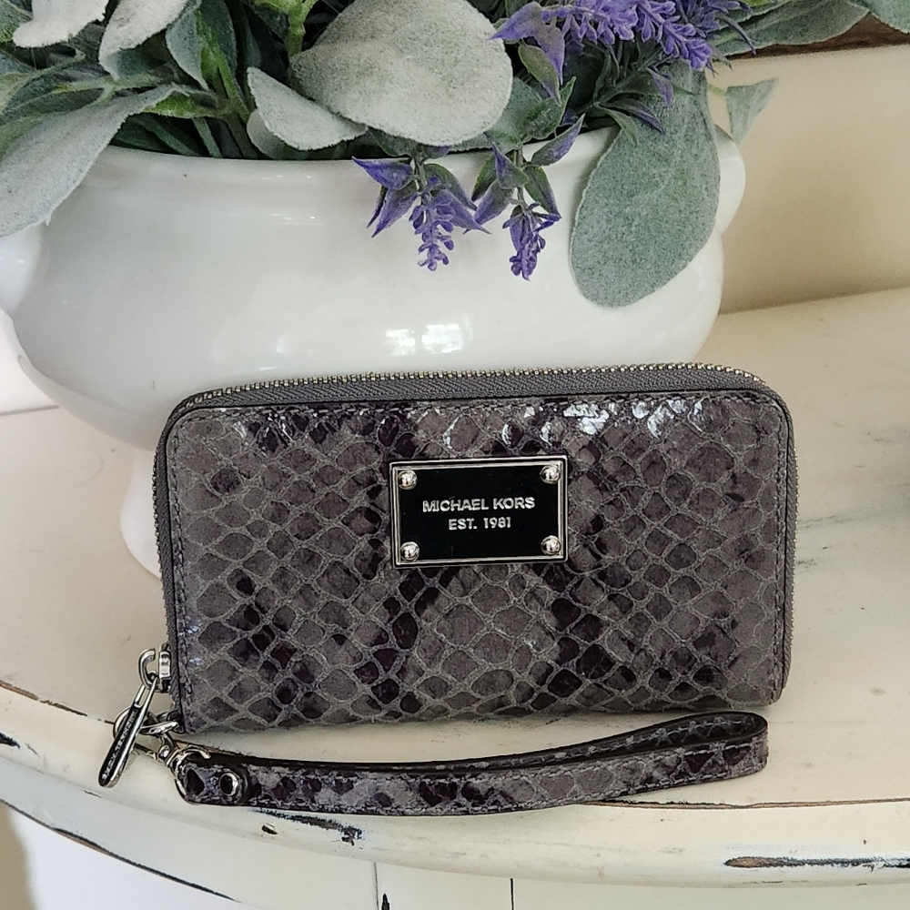 Michael Kors Gray Python Embossed Leather Wallet … - image 1
